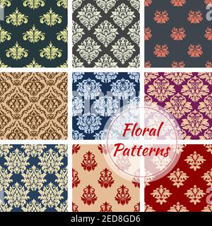 Flowery ornate baroque patterns set. Seamless vector floral damask embellishment motif and flourish ornamental tracery. Luxury rococo royal flowers ad Stock Vector