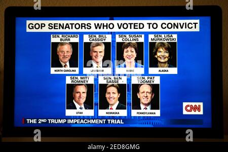 CNN-TV screen shot of a graphic showing the seven Republican senators who voted to convict Donald Trump at his second impeachment trial. Stock Photo