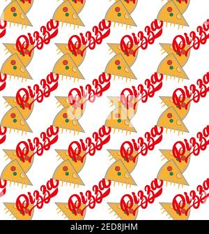 Pizza seamless vector repeating pattern with text and pizza slices Stock Vector