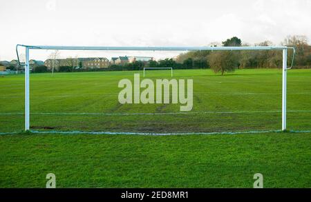 Goal Posts In Green Football Pitch Stock Photo