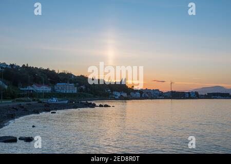 Sunset in town of Akureyri in Iceland Stock Photo