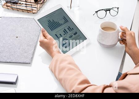 Hands of young businesswoman or banker with tablet analyzing financial data on tablet screen while sitting by desk and having cappuccino Stock Photo