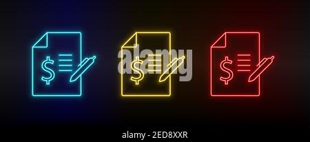 Neon icon set bill, contract. Set of red, blue, yellow neon vector icon Stock Vector
