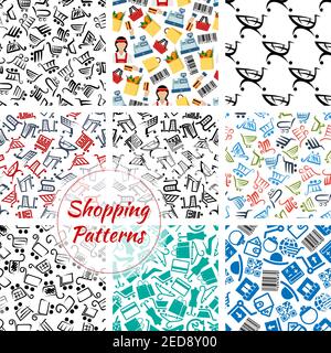 Shopping pattern. Consumer retail items shopping cart basket and bag, money purse or wallet and woman fashion shoe, hat and dress on hanger, credit ca Stock Vector