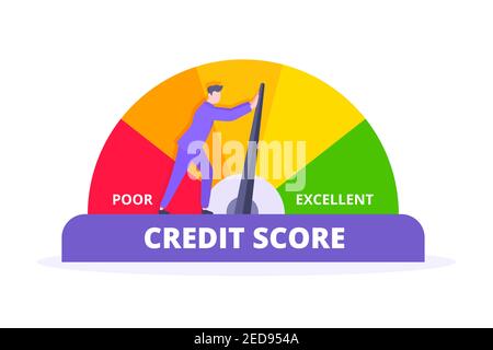 Man pushes credit score arrow gauge indicator with color level ...