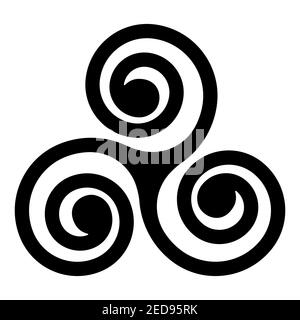 black Celtic triskelion spirals over the white one. Triple helix with two, three turns. Motifs twisted and connected spirals, showing rotational Stock Vector