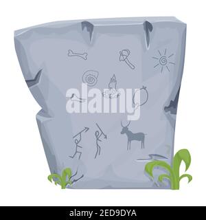 Stone age symbol big rock with ancient tribal caveman drawings in cartoon style isolated on white background. Hunting primitive objects. Decoration hi Stock Vector