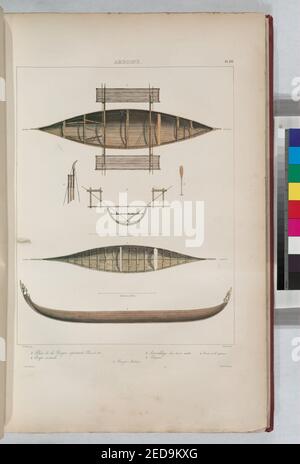 Amboine.- 1. Plan de la Pirogue représentée Planche 141; 2. Coupe vertical; 3. Assemblage des trois mâts; 4. Pagaie; 5. Pirogue Malaise Stock Photo