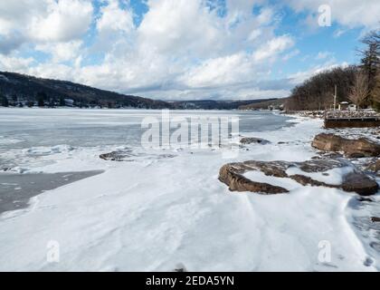 Deep Creek Lake frozen in winter - view from Deep Creek Lake State Park, MD Stock Photo