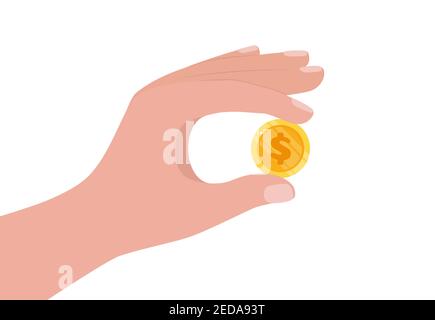Hand holding gold coin. Business success, profit, finance, making money concept. Coin with dollar sign. Flat style vector illustration Stock Vector