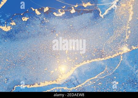 Navy blue and gold stone marble pattern with sparkles. Abstract vector background in alcohol ink technique. Modern paint with glitter. Template for ba Stock Vector