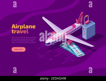 Airplane travel isometric landing page with plane on runway, airline tickets and suitcase on purple background. Business flights worldwide, passenger transportation, journey and tourism concept. Stock Vector