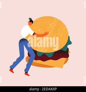 Woman holding burger, tiny human character holding and hugging a a huge cheeseburger with lettuce and beef patty, vector cartoon illutration Stock Vector