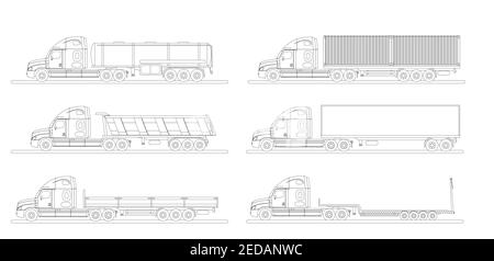 A set of images of a modern American truck with different variants of semi-trailers. Excursion. Side view. Stock Vector