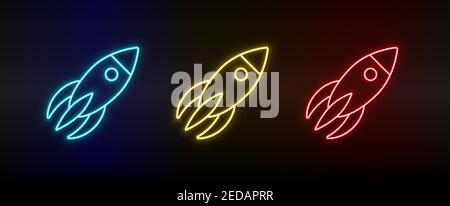 Neon icon set rocket, spaceship. Set of red, blue, yellow neon vector icon Stock Vector