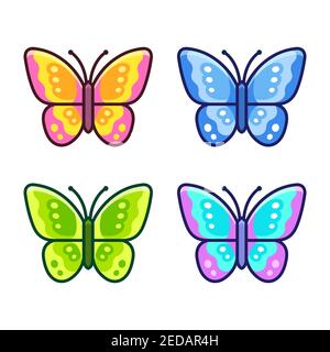 Cartoon butterfly icon set in different colors. Simple flat design vector illustration. Stock Vector