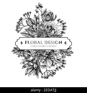 Floral bouquet design with black and white viburnum, hypericum, tulip, aster, leucadendron, amaryllis Stock Vector