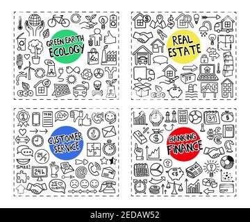 Finance and Banking, Customer Service, Real Estate and Ecology doodle icons set Stock Vector