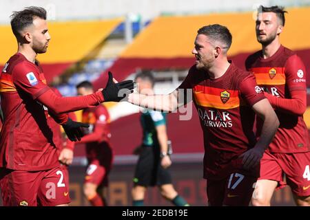 2/14/2021 - Jordan Veretout of Roma celebrate after score the goal during the Serie A football match between Roma vs Udinese at Olimpico stadium in Roma, Italy, February 14, 2021. (Photo by IPA/Sipa USA) Stock Photo