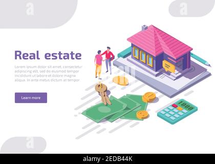 Real estate isometric landing page. Web banner design of cottage with key, calculator, scattered coins and money bills. Character man makes a deal with an agent. House loan, rent and mortgage concept. Stock Vector