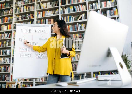 Online lesson, distant learning. Young smart female teacher conducts online lesson or webinar for students via video conference showing information on flipchart Stock Photo