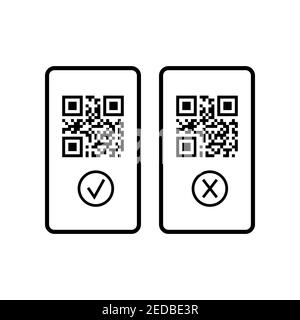 QR-code on mobile phone screen with check mark black icon set. Stock Vector