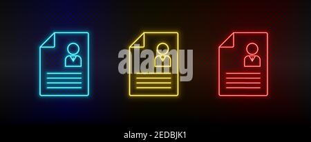 Neon icon set contract, cv. Set of red, blue, yellow neon vector icon Stock Vector