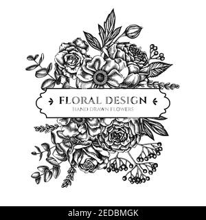 Floral bouquet design with black and white roses, anemone, eucalyptus, lavender, peony, viburnum Stock Vector