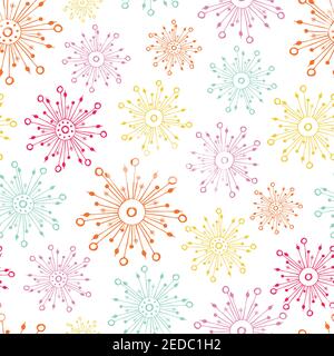 Dandelion seeds seamless vector pattern background. Abstract folk art style herbacious garden or field flowers on white backdrop. Hand drawn scribble Stock Vector