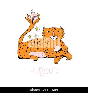 Cute cartoon leopard in doodle style. Funny charismatic animal character with flower tale. Good for greeting card or poster for nursery or kids room, Stock Vector