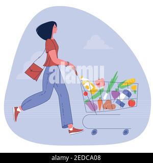 woman pushing supermarket shopping cart Stock Vector