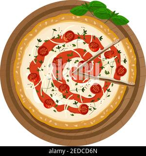 Pizza on a wooden plate with a cut slice. Served fresh pizza margarita with cheese, tomatoes, sauce, basil and sesame seeds on a crispy crust. Top vie Stock Vector