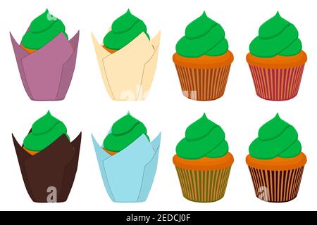 Illustration on theme Irish holiday St Patrick day, big set cupcakes. Pattern St Patrick day consisting of many different cupcakes on white background Stock Vector