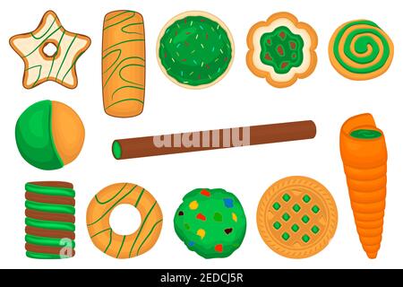 Illustration on theme Irish holiday St Patrick day, big set green cookies. Pattern St Patrick day consisting of many different cookies on white backgr Stock Vector