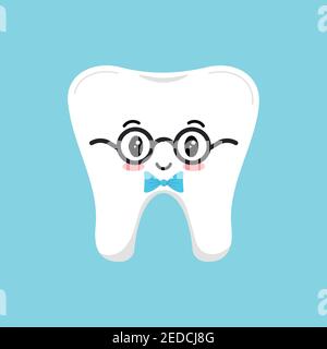 Cute tooth in glasses with blue bow tie icon Stock Vector