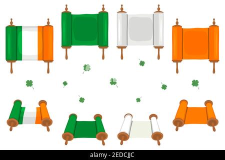 Irish holiday St Patrick day, big set scrolls paper ribbon. St Patrick day consisting of many different scrolls paper ribbon on background. Scrolls pa Stock Vector
