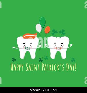St Patrick day tooth with braces on dentist greeting card. Stock Vector
