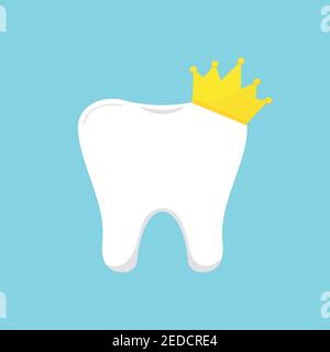 Tooth molar with goldy royal crown icon. Stock Vector
