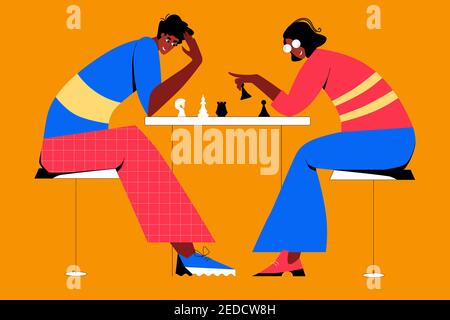 Chess game. Trendy flat illustration. People play chess.Teamwork and competition. Chess pieces. Vector graphics. Stock Vector