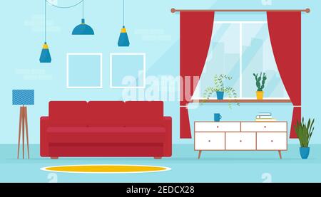Cozy modern living room in flat style. Soft sofa in interior. Design of a living room with sofa, TV stand, window and decor accessories. Vector banner Stock Vector
