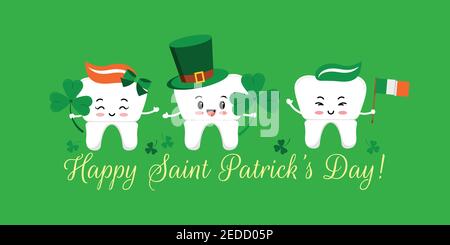 St Patrick day tooth in leprechaun hat with clover and irish flag. Stock Vector