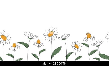 Seamless border of daisies hand drawn in simplified children cartoon naive style on white background.Cute bee sitting on flower.For design of website Stock Vector