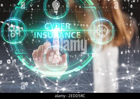 Business, Technology, Internet and network concept. Young businessman working on a virtual screen of the future and sees the inscription: Cyber insura Stock Photo