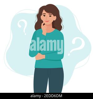 Thinking, but happy woman with question marks. Flat cartoon style vector illustration Stock Vector