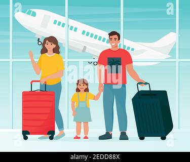 Family traveling at the airport with suitcases. Time to travel concept. Vector illustration in flat style Stock Vector