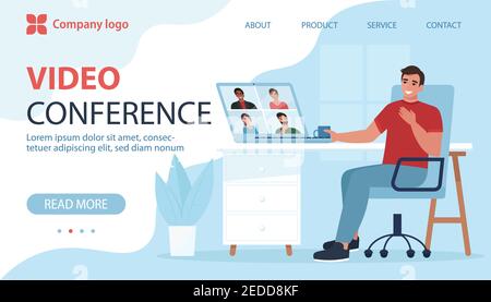 Video conference, Meeting landing page. Man in video conference with colleagues. Laptop screen. Vector illustration in flat style Stock Vector
