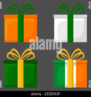 Irish holiday St Patrick day, big set gift boxes with ribbon. Pattern St Patrick day consisting of many different gift boxes in ribbon. Gift boxes fro Stock Vector