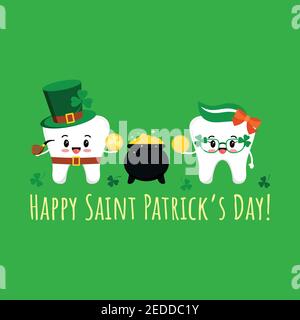 St Patrick day tooth in leprechaun costume, cauldron and in clover glasses with coin. Stock Vector