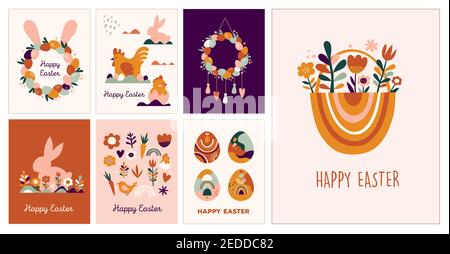 Boho Easter concept design, greeting cards with bunnies, eggs, flowers and rainbows in pastel and terracotta colors, flat vector illustrations Stock Vector