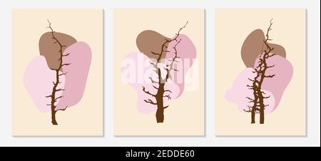 Art drawing made of dry wood with abstract figures. A set of botanical wall posters. Art design for print, cover, wallpaper, minimalistic and natural Stock Vector